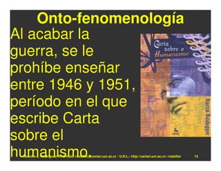 Onto-fenomenología
Al acabar la
guerra, se le
prohíbe enseñar
entre 1946 y 1951,
período en el que
escribe Carta
sobre el
humanismo.
 Rodolfo-J. Rodríguez-R. E-mail: rodolfor@cariari.ucr.ac.cr / U.R.L.: http://cariari.ucr.ac.cr/~rodolfor   13
 