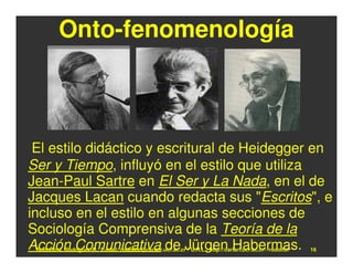 Onto-fenomenología



 El estilo didáctico y escritural de Heidegger en
Ser y Tiempo, influyó en el estilo que utiliza
Jean-Paul Sartre en El Ser y La Nada, en el de
Jacques Lacan cuando redacta sus "Escritos", e
incluso en el estilo en algunas secciones de
Sociología Comprensiva de la Teoría de la
Acción Comunicativa de Jürgen Habermas.
 Rodolfo-J. Rodríguez-R. E-mail: rodolfor@cariari.ucr.ac.cr / U.R.L.: http://cariari.ucr.ac.cr/~rodolfor   16
 