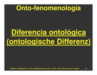 Onto-fenomenología


  Diferencia ontológica
(ontologische Differenz)


Rodolfo-J. Rodríguez-R. E-mail: rodolfor@cariari.ucr.ac.cr / U.R.L.: http://cariari.ucr.ac.cr/~rodolfor   72
 