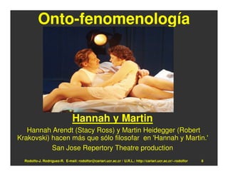 Onto-fenomenología




                                Hannah y Martin
   Hannah Arendt (Stacy Ross) y Martin Heidegger (Robert
Krakovski) hacen más que sólo filosofar en 'Hannah y Martin.'
           San Jose Repertory Theatre production
  Rodolfo-J. Rodríguez-R. E-mail: rodolfor@cariari.ucr.ac.cr / U.R.L.: http://cariari.ucr.ac.cr/~rodolfor   8
 