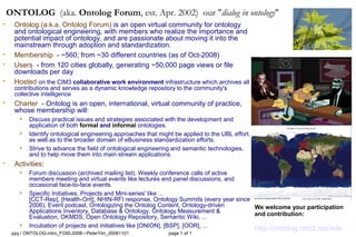 ONTOLOG (aka. Ontolog Forum, est. Apr. 2002) our "dialog in ontology"
•     Ontolog (a.k.a. Ontolog Forum) is an open virtual community for ontology
      and ontological engineering, with members who realize the importance and
      potential impact of ontology, and are passionate about moving it into the
      mainstream through adoption and standardization.
•     Membership - ~560; from ~30 different countries (as of Oct-2008)
•     Users - from 120 cities globally, generating ~50,000 page views or file
      downloads per day
•     Hosted on the CIM3 collaborative work environment infrastructure which archives all
      contributions and serves as a dynamic knowledge repository to the community's
      collective intelligence
•     Charter - Ontolog is an open, international, virtual community of practice,
      whose membership will:
           Discuss practical issues and strategies associated with the development and
            application of both formal and informal ontologies.
           Identify ontological engineering approaches that might be applied to the UBL effort,
            as well as to the broader domain of eBusiness standardization efforts.
           Strive to advance the field of ontological engineering and semantic technologies,
            and to help move them into main stream applications.
•     Activities:
           Forum discussion (archived mailing list), Weekly conference calls of active
            members meeting and virtual events like lectures and panel discussions, and
            occasional face-to-face events.
           Specific Initiatives, Projects and Mini-series' like ...
            [CCT-Rep], [Health-Ont], NHIN-RFI response, Ontology Summits (every year since
            2006), Event podcast, Ontologizing the Ontolog Content, Ontology-driven        We welcome your participation
            Applications Inventory, Database & Ontology, Ontology Measurement &            and contribution:
            Evaluation, OKMDS, Open Ontology Repository, Semantic Wiki, ...
           Incubation of projects and initiatives like [ONION], [BSP], [OOR], ...
                                                                                                   http://ontolog.cim3.net/wiki
     ppy / ONTOLOG-intro_FOIS-2008—PeterYim_20081101            page 1 of 1
 