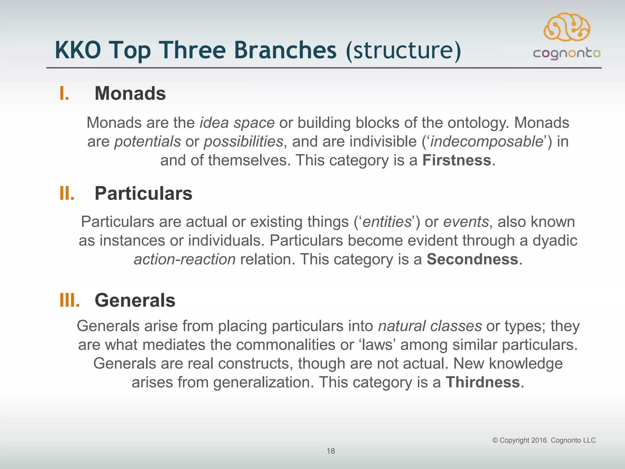 © Copyright 2016. Cognonto LLC
18
KKO Top Three Branches (structure)
I. Monads
II. Particulars
III. Generals
Monads are the idea space or building blocks of the ontology. Monads
are potentials or possibilities, and are indivisible (‘indecomposable’) in
and of themselves. This category is a Firstness.
Particulars are actual or existing things (‘entities’) or events, also known
as instances or individuals. Particulars become evident through a dyadic
action-reaction relation. This category is a Secondness.
Generals arise from placing particulars into natural classes or types; they
are what mediates the commonalities or ‘laws’ among similar particulars.
Generals are real constructs, though are not actual. New knowledge
arises from generalization. This category is a Thirdness.
 