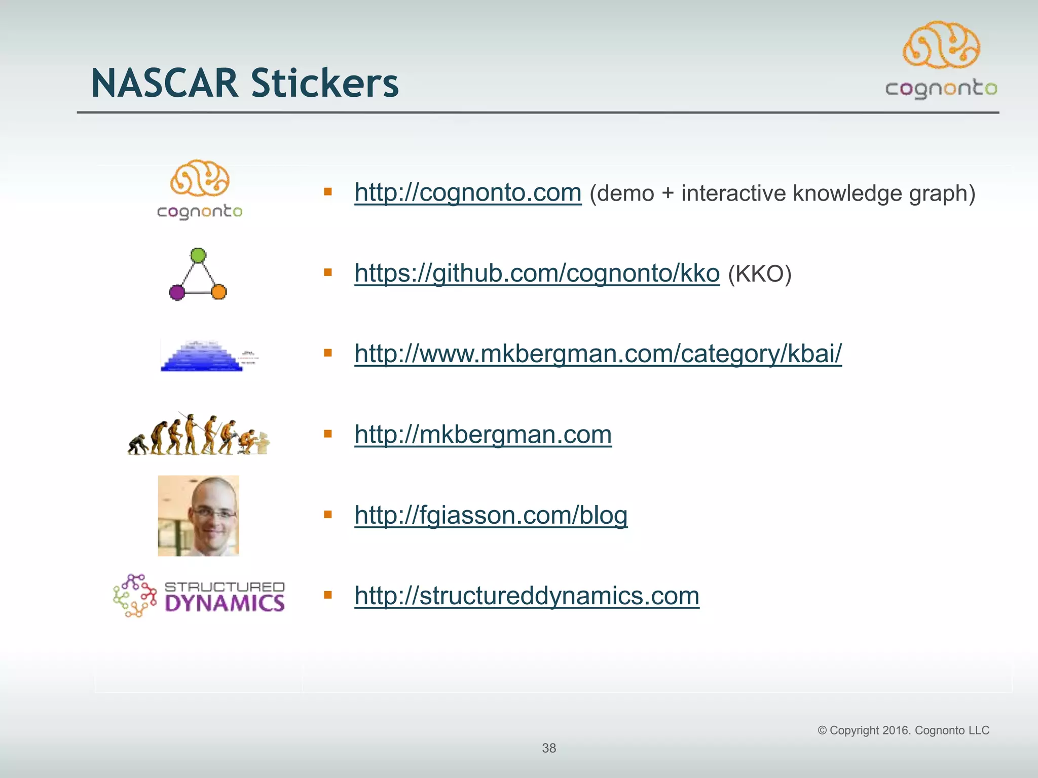 © Copyright 2016. Cognonto LLC
38
NASCAR Stickers
 http://cognonto.com (demo + interactive knowledge graph)
 https://github.com/cognonto/kko (KKO)
 http://www.mkbergman.com/category/kbai/
 http://mkbergman.com
 http://fgiasson.com/blog
 http://structureddynamics.com
 