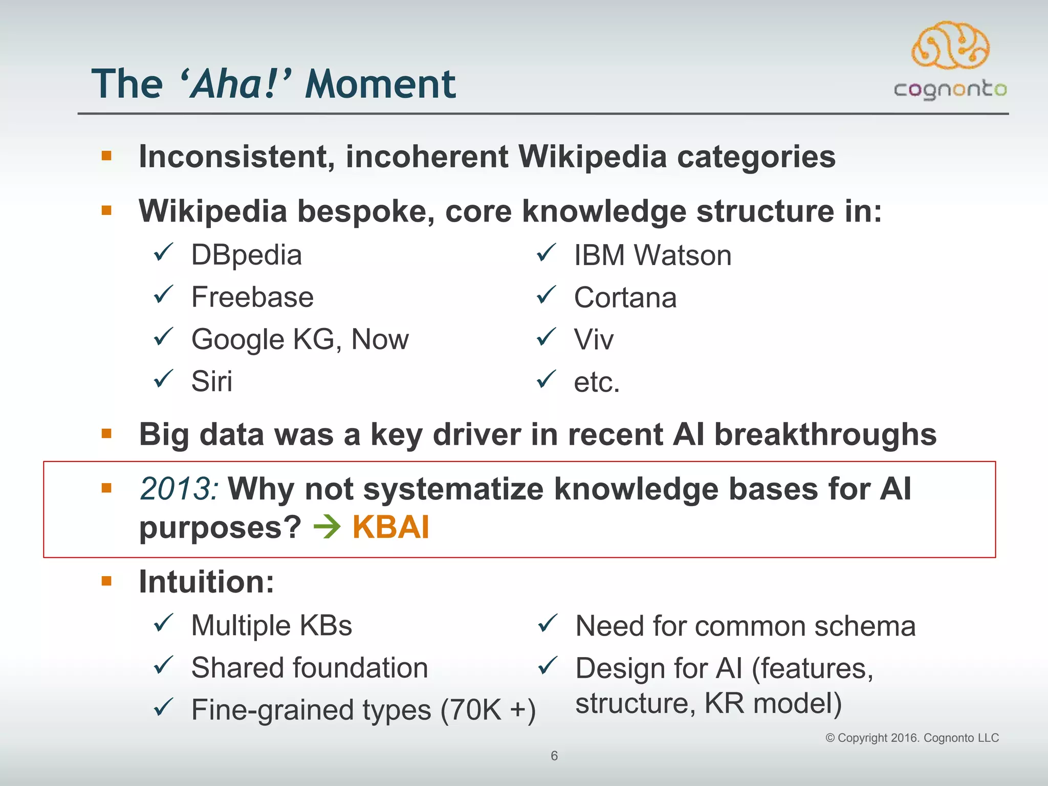 © Copyright 2016. Cognonto LLC
6
The ‘Aha!’ Moment
 Inconsistent, incoherent Wikipedia categories
 Wikipedia bespoke, core knowledge structure in:
 DBpedia
 Freebase
 Google KG, Now
 Siri
 Big data was a key driver in recent AI breakthroughs
 2013: Why not systematize knowledge bases for AI
purposes?  KBAI
 Intuition:
 Multiple KBs
 Shared foundation
 Fine-grained types (70K +)
 IBM Watson
 Cortana
 Viv
 etc.
 Need for common schema
 Design for AI (features,
structure, KR model)
 