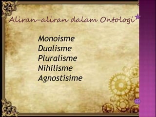 Aliran-aliran dalam Ontologi
Monoisme
Dualisme
Pluralisme
Nihilisme
Agnostisime
 
