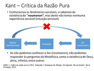 Kant – Crítica da Razão Pura
• Conhecemos os fenômenos sensíveis, e sabemos da
existênciado ”noumenon”, mas deste não temos nenhuma
experiência sensível (intuiçãosensível).
Ser
(noumenon)
Sensação
Sujeito
(mente/nous)
KANT, I. Crítica da razão pura. [1781]. Tradução J. Rodrigues de Merege. Ed especial. Rio de Janeiro: Nova
Fronteira, 2014
• Se não podemos conhecer o Ser (noumenon), não podemos
responder às perguntas da Metafísica,como a existênciade Deus,
alma, infinito,entre outros.
20
 