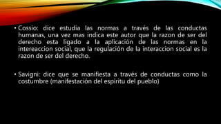 • Cossio: dice estudia las normas a través de las conductas
humanas, una vez mas indica este autor que la razon de ser del
derecho esta ligado a la aplicación de las normas en la
intereaccion social, que la regulación de la interaccion social es la
razon de ser del derecho.
• Savigni: dice que se manifiesta a través de conductas como la
costumbre (manifestación del espíritu del pueblo)
 