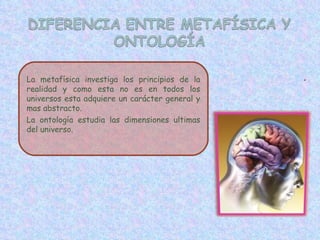 . La metafísica investiga los principios de la realidad y como esta no es en todos los universos esta adquiere un carácter general y mas abstracto.  La ontología estudia las dimensiones ultimas del universo. 