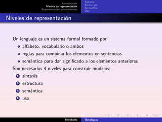 Sintaxis
                                   Introducción
                                                  Estructura
                      Niveles de representación
                                                  Semántica
                   Representación conocimiento
                                                  Uso


Niveles de representación


  Un lenguaje es un sistema formal formado por
        alfabeto, vocabulario o ambos
        reglas para combinar los elementos en sentencias
        semántica para dar signiﬁcado a los elementos anteriores
  Son necesarios 4 niveles para construir modelos:
    1   sintaxis
    2   estructura
    3   semántica
    4   uso



                                     @mrebollo    Ontologías
 