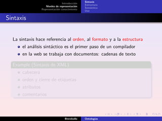 Sintaxis
                                  Introducción
                                                 Estructura
                     Niveles de representación
                                                 Semántica
                  Representación conocimiento
                                                 Uso


Sintaxis


  La sintaxis hace referencia al orden, al formato y a la estructura
      el análisis sintáctico es el primer paso de un compilador
      en la web se trabaja con documentos: cadenas de texto

  Example (Sintaxis de XML)
      cabecera
      orden y cierre de etiquetas
      atributos
      comentarios



                                    @mrebollo    Ontologías
 