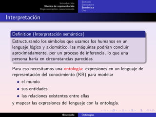 Sintaxis
                                 Introducción
                                                Estructura
                    Niveles de representación
                                                Semántica
                 Representación conocimiento
                                                Uso


Interpretación

  Deﬁnition (Interpretación semántica)
  Estructurando los símbolos que usamos los humanos en un
  lenguaje lógico y axiomático, las máquinas podrían concluir
  aproximadamente, por un proceso de inferencia, lo que una
  persona haría en circunstancias parecidas

  Para eso necesitamos una ontología: expresiones en un lenguaje de
  representación del conocimiento (KR) para modelar
      el mundo
      sus entidades
      las relaciones existentes entre ellas
  y mapear las expresiones del lenguaje con la ontología.

                                   @mrebollo    Ontologías
 