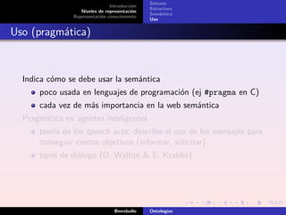 Sintaxis
                               Introducción
                                              Estructura
                  Niveles de representación
                                              Semántica
               Representación conocimiento
                                              Uso


Uso (pragmática)



  Indica cómo se debe usar la semántica
      poco usada en lenguajes de programación (ej #pragma en C)
      cada vez de más importancia en la web semántica
  Pragmática en agentes inteligentes
      teoría de los speech acts: describe el uso de los mensajes para
      conseguir ciertos objetivos (informar, solicitar)
      tipos de diálogo (D. Walton & E: Krabbe)




                                 @mrebollo    Ontologías
 