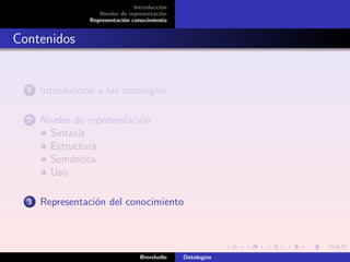 Introducción
                    Niveles de representación
                 Representación conocimiento


Contenidos


  1   Introducción a las ontologías

  2   Niveles de representación
        Sintaxis
        Estructura
        Semántica
        Uso

  3   Representación del conocimiento




                                   @mrebollo    Ontologías
 