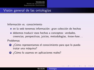 Introducción
                    Niveles de representación
                 Representación conocimiento


Visión general de las ontologías


  Información vs. conocimiento
        en la web tenemos información: gran colección de hechos
        debemos traducir esos hechos a conceptos: verdades,
        creencias, perspectivas, juicios, metodologías, know-how. . .
  Problemas
    1   ¿Cómo representamos el conocimiento para que lo pueda
        tratar una máquina?
    2   ¿Cómo lo usamos en aplicaciones reales?




                                   @mrebollo    Ontologías
 