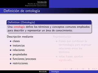 Introducción
                     Niveles de representación
                  Representación conocimiento


Deﬁnición de ontología

  Deﬁnition (Ontología)
  Una ontología deﬁne los términos y conceptos comunes empleados
  para describir y representar un área de conocimiento.

 Descripción mediante                              Representación
     clases                                               frases que combinan la
     instancias                                           terminología para expresar
                                                          relaciones entre los
     relaciones
                                                          términos
     propiedades
                                                          estas frases aportan
     funciones/procesos                                   signiﬁcado.
     restricciones

                                    @mrebollo    Ontologías
 