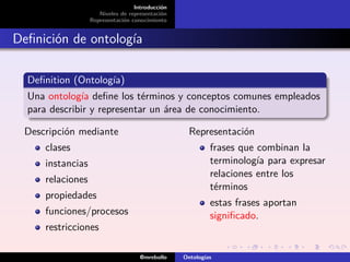 Introducción
                     Niveles de representación
                  Representación conocimiento


Deﬁnición de ontología

  Deﬁnition (Ontología)
  Una ontología deﬁne los términos y conceptos comunes empleados
  para describir y representar un área de conocimiento.

 Descripción mediante                              Representación
     clases                                               frases que combinan la
     instancias                                           terminología para expresar
                                                          relaciones entre los
     relaciones
                                                          términos
     propiedades
                                                          estas frases aportan
     funciones/procesos                                   signiﬁcado.
     restricciones

                                    @mrebollo    Ontologías
 