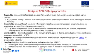 EUROPEAN REGIONAL DEVELOPMENT FUND (ERDF)
A way to make Europe
8
Design of ROH: 5 Design principles
• Reusability - remodelling of concepts avoided if an ontology exists that comprehensively models a given
concept.
o E.g, a position held by a person in an academic organization is extensively documented in VIVO Ontology for Research
Discovery.
• Extensibility - since, although academic information modelling shares many aspects universally, there are
aspects that are specific to the country in question.
o E.g, the six-year periods in Spain, or the University or research centre in question, for example, job positions
contemplated at the University of Murcia or other universities.
• Maintainability – the modularization of the network of ontologies in distinct contextualized refinements seeks
an easier maintainability of ROH
• Integrity – by the application of ontological restrictions and validation scripts in languages like SHACL, to
preserve also Integrity.
• Usability - ROH is not only comprehensive and exhaustive, but USABLE.
o In ontological design, often entities and properties superficially described, following the Open World principle.
o ROH seeks to make the devised network of ontologies usable by those that need to instantiate it
 