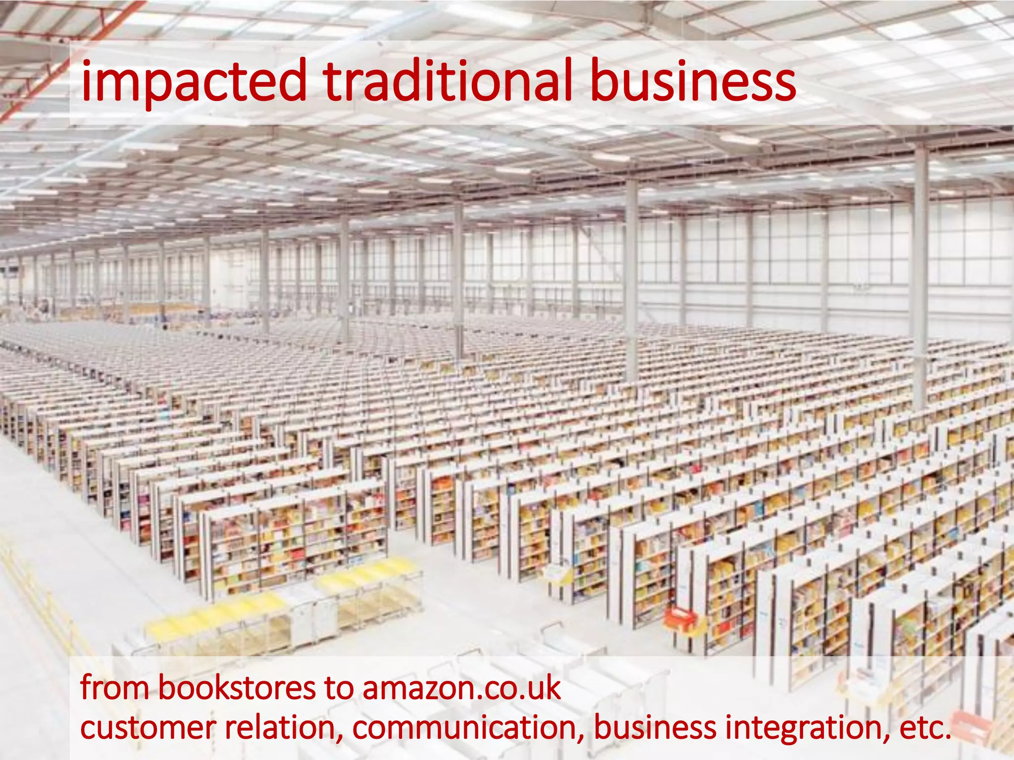 impacted traditional business
from bookstores to amazon.co.uk
customer relation, communication, business integration, etc.
 