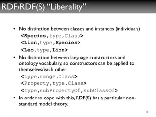 RDF/RDF(S) “Liberality”

   • No distinction between classes and instances (individuals)
      <Species,type,Class>
      <Lion,type,Species>
      <Leo,type,Lion>
   • No distinction between language constructors and
     ontology vocabulary, so constructors can be applied to
     themselves/each other
      <type,range,Class>
      <Property,type,Class>
      <type,subPropertyOf,subClassOf>
   • In order to cope with this, RDF(S) has a particular non-
     standard model theory.
                                                                  13
 