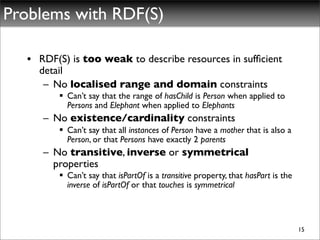 Problems with RDF(S)

  • RDF(S) is too weak to describe resources in sufﬁcient
    detail
     – No localised range and domain constraints
         Can’t say that the range of hasChild is Person when applied to
          Persons and Elephant when applied to Elephants
     – No existence/cardinality constraints
         Can’t say that all instances of Person have a mother that is also a
          Person, or that Persons have exactly 2 parents
     – No transitive, inverse or symmetrical
       properties
         Can’t say that isPartOf is a transitive property, that hasPart is the
          inverse of isPartOf or that touches is symmetrical



                                                                                  15
 