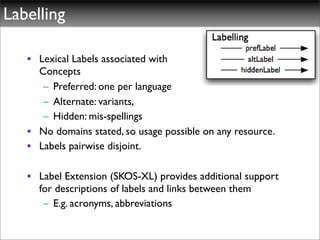 Labelling

   • Lexical Labels associated with
     Concepts	

      – Preferred: one per language
      – Alternate: variants,
      – Hidden: mis-spellings
   • No domains stated, so usage possible on any resource.
   • Labels pairwise disjoint.

   • Label Extension (SKOS-XL) provides additional support
     for descriptions of labels and links between them
      – E.g. acronyms, abbreviations
 