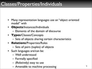 Classes/Properties/Individuals


   • Many representation languages use an “object oriented
     model” with
   • Objects/Instances/Individuals
      – Elements of the domain of discourse
   • Types/Classes/Concepts
      – Sets of objects sharing certain characteristics
   • Relations/Properties/Roles
      – Sets of pairs (tuples) of objects
   • Such languages are/can be:
      – Well understood
      – Formally speciﬁed
      – (Relatively) easy to use
      – Amenable to machine processing                       5
 