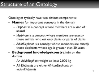 Structure of an Ontology

   Ontologies typically have two distinct components:
   • Names for important concepts in the domain
      – Elephant is a concept whose members are a kind of
        animal
      – Herbivore is a concept whose members are exactly
        those animals who eat only plants or parts of plants
      – AdultElephant is a concept whose members are exactly
        those elephants whose age is greater than 20 years
   • Background knowledge/constraints on the
     domain
      – An AdultElephant weighs at least 2,000 kg
      – All Elephants are either AfricanElephants or
        IndianElephants                                        6
 