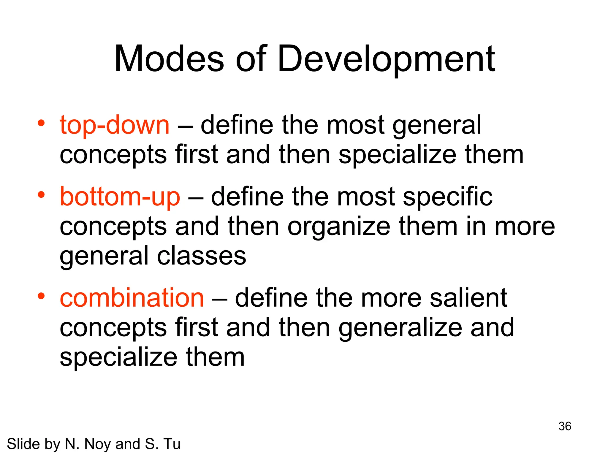 36
Modes of Development
• top-down – define the most general
concepts first and then specialize them
• bottom-up – define the most specific
concepts and then organize them in more
general classes
• combination – define the more salient
concepts first and then generalize and
specialize them
Slide by N. Noy and S. Tu
 