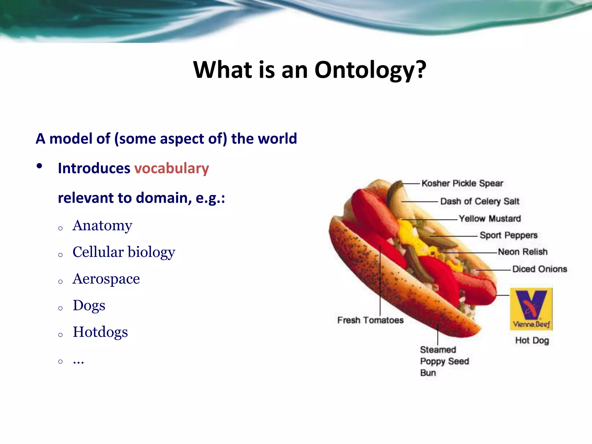What is an Ontology?
A model of (some aspect of) the world
• Introduces vocabulary
relevant to domain, e.g.:
o Anatomy
o Cellular biology
o Aerospace
o Dogs
o Hotdogs
o …
 