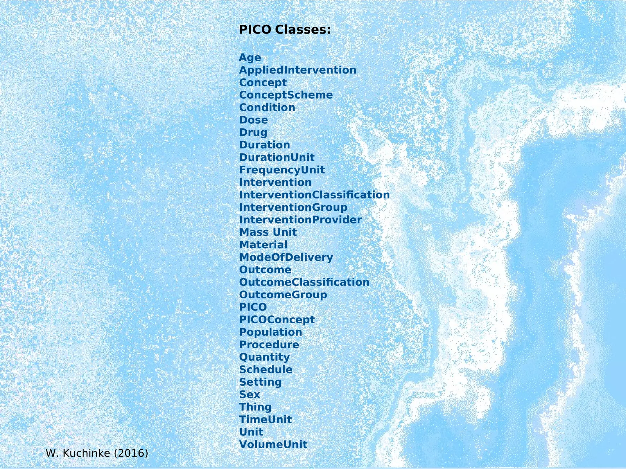PICO Classes:
Age
AppliedIntervention
Concept
ConceptScheme
Condition
Dose
Drug
Duration
DurationUnit
FrequencyUnit
Intervention
InterventionClassification
InterventionGroup
InterventionProvider
Mass Unit
Material
ModeOfDelivery
Outcome
OutcomeClassification
OutcomeGroup
PICO
PICOConcept
Population
Procedure
Quantity
Schedule
Setting
Sex
Thing
TimeUnit
Unit
VolumeUnit
W. Kuchinke (2016)
 