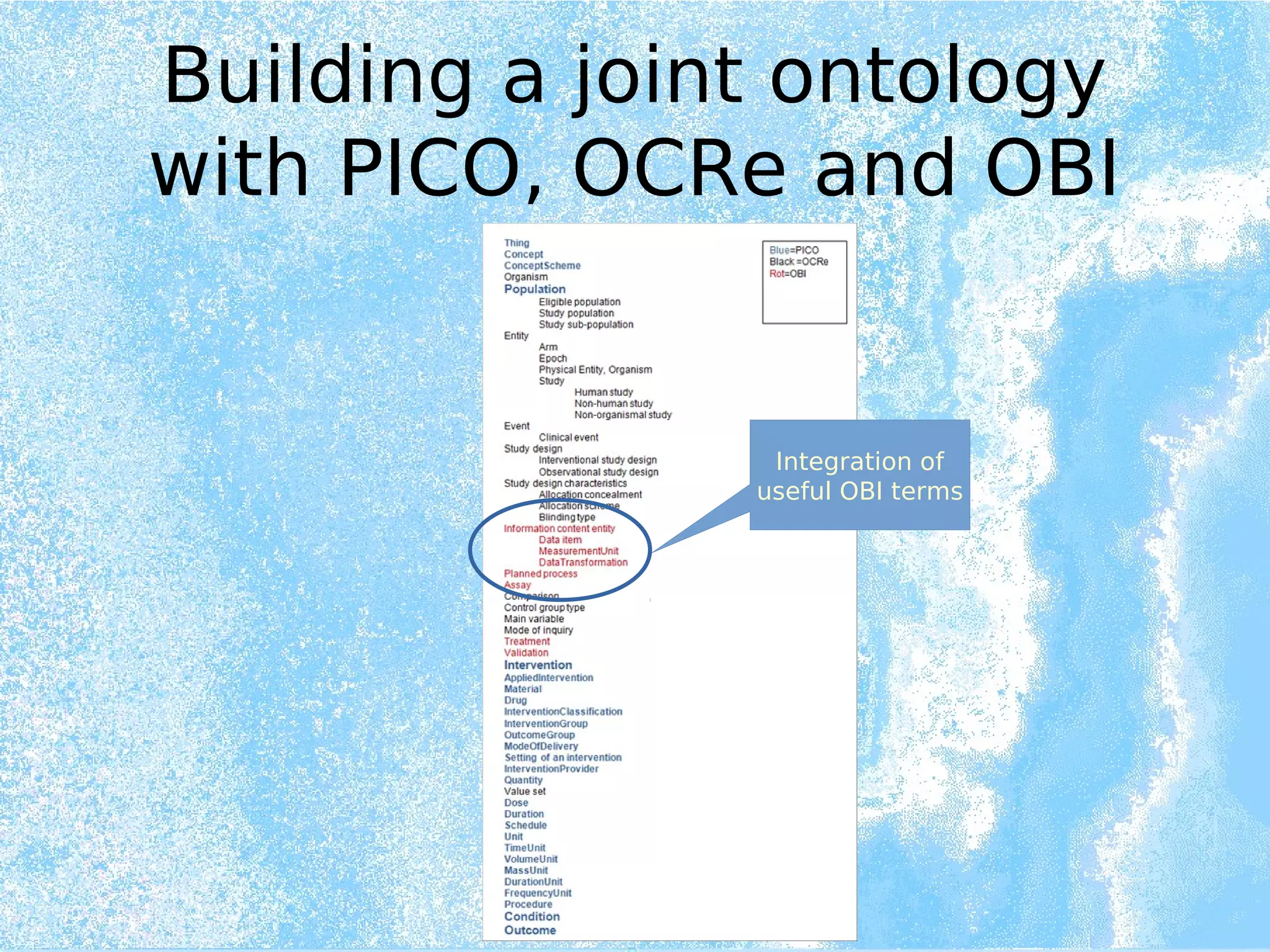 Building a joint ontology
with PICO, OCRe and OBI
Integration of
useful OBI terms
 