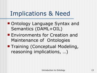 Implications & Need Ontology Language Syntax and Semantics (DAML+OIL) Environments for Creation and Maintenance of  Ontologies  Training (Conceptual Modeling, reasoning implications, …) 