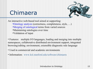 Chimaera An interactive web-based tool aimed at supporting: Ontology analysis  (correctness, completeness, style, …) Merging of ontological  terms from varied sources Maintaining ontologies over time Validation of input Features:  multiple I/O languages, loading and merging into multiple namespaces, collaborative distributed environment support, integrated browsing/editing  environment, extensible diagnostic rule language Used in commercial and academic environments Information:   www.ksl.stanford.edu/software/chimaera 