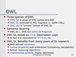 OWL Three species of OWL OWL full  is union of OWL syntax and RDF OWL DL  restricted to FOL fragment ( ¼  DAML+OIL) OWL Lite  is “simpler” subset of OWL DL  Semantic layering OWL DL  ¼  OWL full  within DL fragment OWL DL based on  SHIQ   Description Logic In fact it is equivalent to  SHOIN (D n )  DL OWL DL Benefits from many years of DL research Well defined  semantics Formal properties  well understood (complexity, decidability) Known  reasoning algorithms Implemented systems  (highly optimised) 