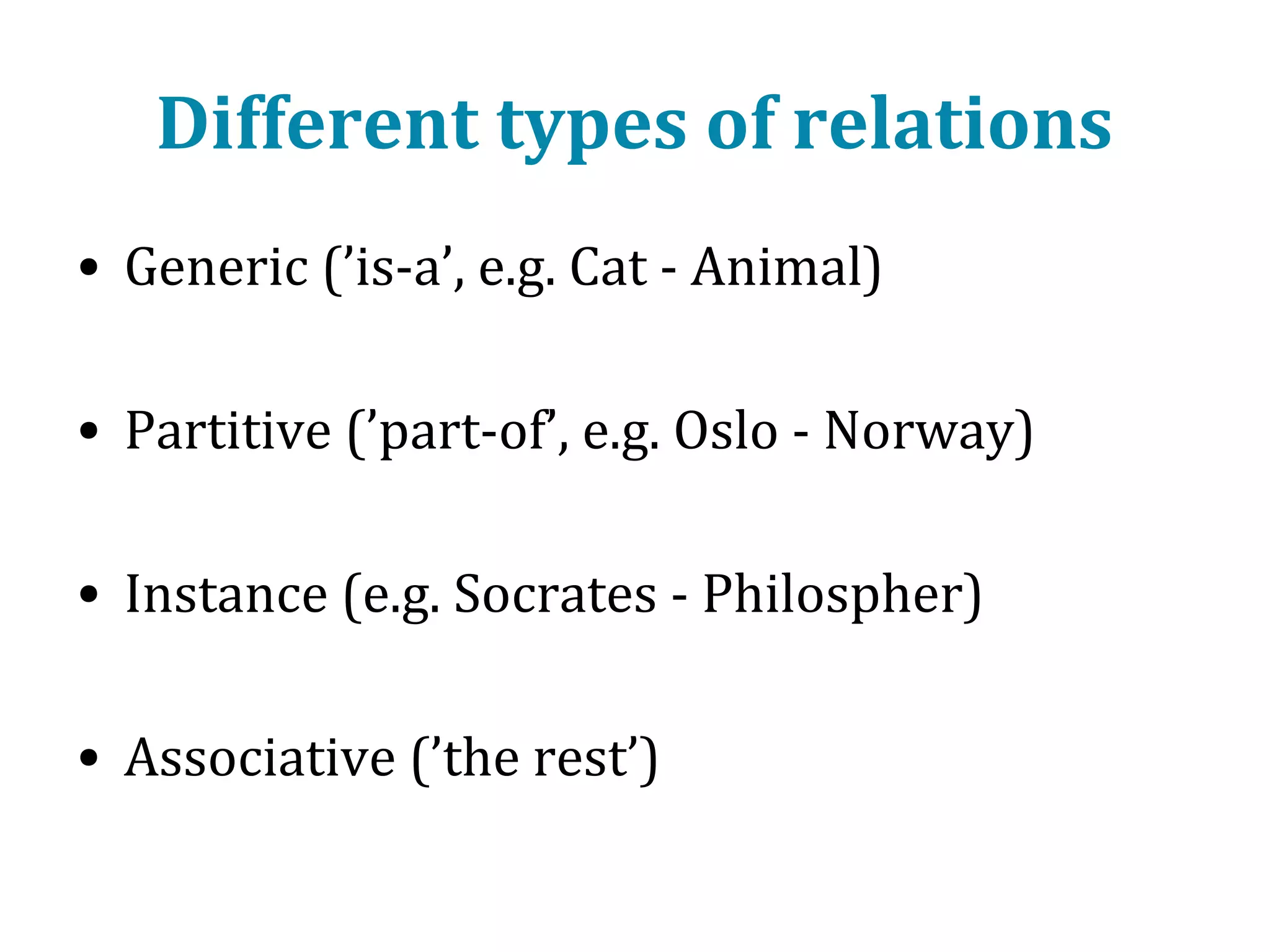 Transitive relations
• Other transitive relations can exist between
concepts, e.g. ’part-of’ relations

 