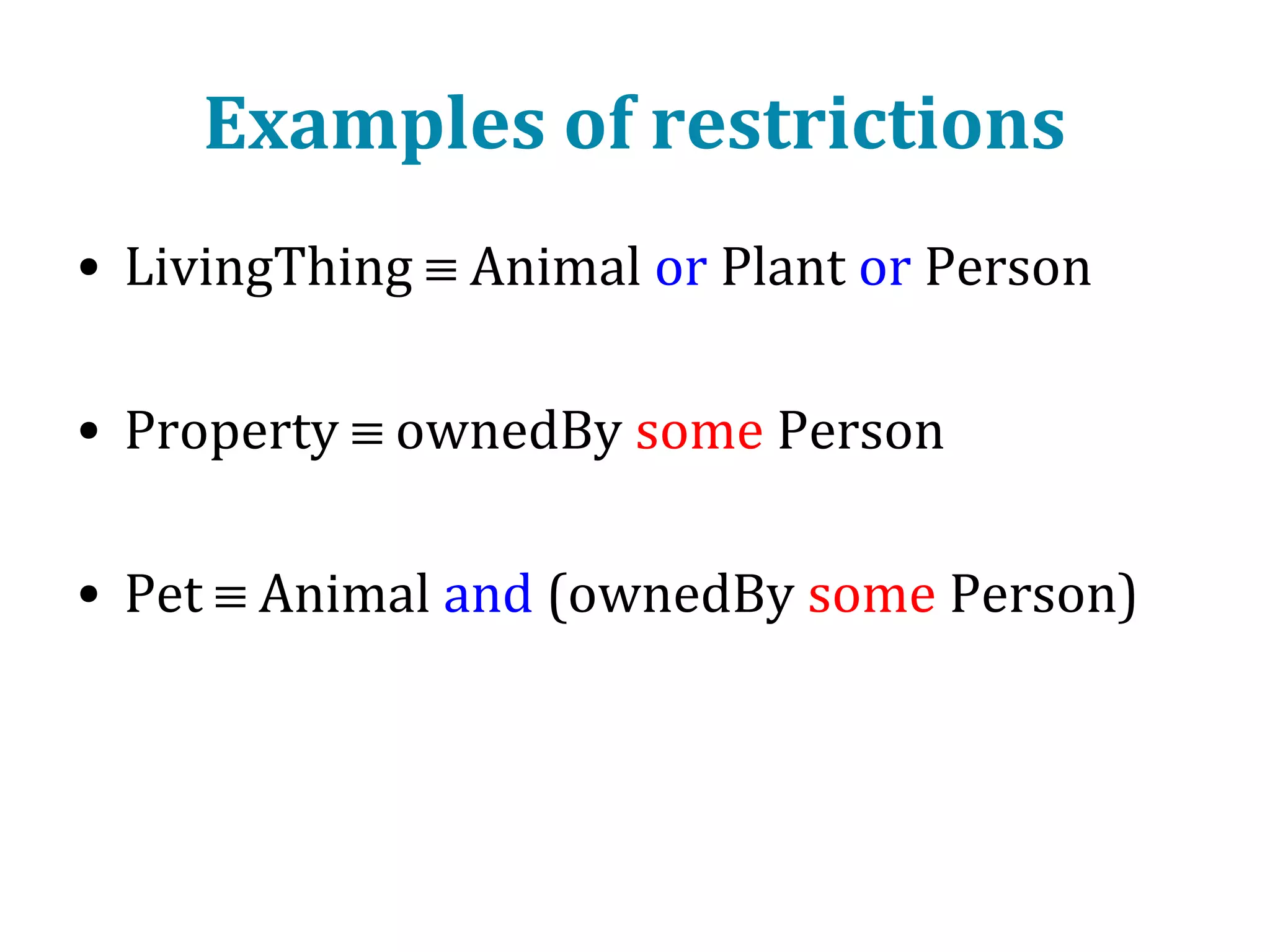 Properties
• The instances are described through properties.
• There are two different types of properties:
• Object property:
• Takes another instance as value
• e.g. Alice knows Fred
• Datatype property
• Takes a distinct datatype value, like a number, a string etc.
• e.g. King Harald has year of birth 1937

• The property is the ”predicate” in the semantic triple.

 