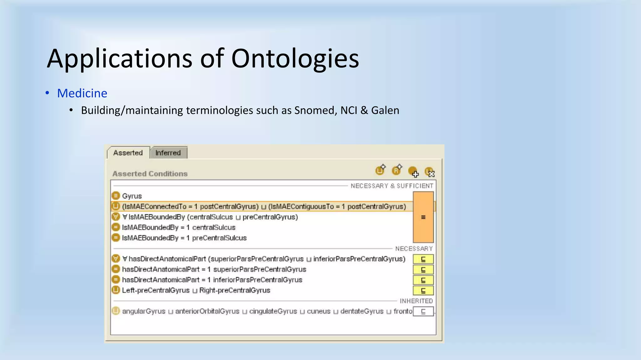Applications of Ontologies 
• Medicine 
• Building/maintaining terminologies such as Snomed, NCI & Galen 
 