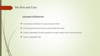 The Pros and Cons
Advantages of Objectivism
 Economical collection of a large amount of data
 Clear theoretical focus for the research from the outset
 Greater opportunity for the researcher to retain control of the research process
 Easily comparable data
 