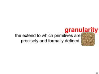 granularity the extend to which primitives are precisely and formally defined. 
