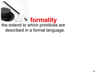 the extend to which primitives are described in a formal language. formality 