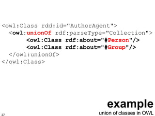 example <owl:Class rdd:id="AuthorAgent">   < owl: unionOf  rdf:parseType="Collection">   <owl:Class rdf:about="# Person "/>   <owl:Class rdf:about="# Group "/>   </owl:unionOf> </owl:Class> union of classes in OWL 