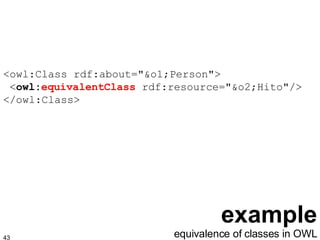 example <owl:Class rdf:about="&o1;Person">  < owl: equivalentClass  rdf:resource="&o2;Hito"/> </owl:Class> equivalence of classes in OWL 