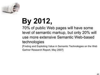 By 2012, 70% of public Web pages will have some level of semantic markup, but only 20% will use more extensive Semantic Web-based technologies [Finding and Exploiting Value in Semantic Technologies on the Web Gartner Research Report, May 2007] 