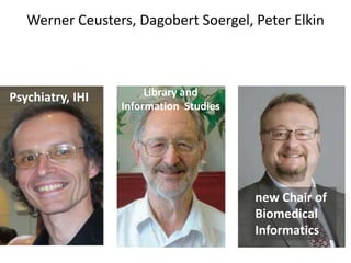 Werner Ceusters, Dagobert Soergel, Peter Elkin
Psychiatry, IHI
Dental School,
Library and
Information Studies
new Chair of
Biomedical
Informatics
 