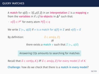 query matches
A match for q(⃗x) = ∃⃗y.φ(⃗x,⃗y) in an interpretation I is a mapping π
from the variables in ⃗x ∪⃗y to objects in ∆I
such that:
∙ π(⃗t) ∈ PI
for every atom P(⃗t) ∈ q
We write I |=π q(⃗a) if π is a match for q(⃗x) in I and π(⃗x) = ⃗a
By deﬁnition: ⃗a ∈ ans(q, I)
iff
there exists a match π such that I |=π q(⃗a)
Answering CQs amounts to searching for matches
Recall that ⃗a ∈ cert(q, K) iff ⃗a ∈ ans(q, I) for every model I of K
Challenge: how do we check that there is a match in every model?
58/109
 