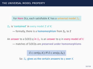 the universal model property
For Horn DLs, each satisﬁable K has a universal model IK
IK is ‘contained’ in every model I of K
⇝ formally, there is a homomorphism from IK to I
An answer to a (U)CQ q in IK is an answer to q in every model of K
⇝ matches of (U)CQs are preserved under homomorphisms
⃗a ∈ cert(q, K) iff ⃗a ∈ ans(q, IK)
So: IK gives us the certain answers to q over K
59/109
 
