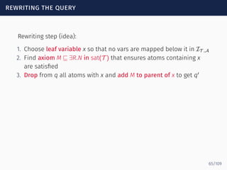 rewriting the query
Rewriting step (idea):
1. Choose leaf variable x so that no vars are mapped below it in IT ,A
2. Find axiom M ⊑ ∃R.N in sat(T ) that ensures atoms containing x
are satisﬁed
3. Drop from q all atoms with x and add M to parent of x to get q′
65/109
 