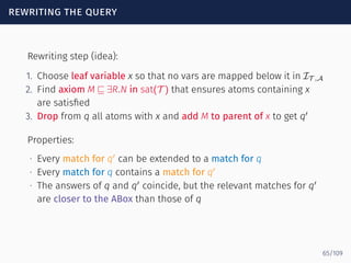 rewriting the query
Rewriting step (idea):
1. Choose leaf variable x so that no vars are mapped below it in IT ,A
2. Find axiom M ⊑ ∃R.N in sat(T ) that ensures atoms containing x
are satisﬁed
3. Drop from q all atoms with x and add M to parent of x to get q′
Properties:
∙ Every match for q′
can be extended to a match for q
∙ Every match for q contains a match for q′
∙ The answers of q and q′
coincide, but the relevant matches for q′
are closer to the ABox than those of q
65/109
 