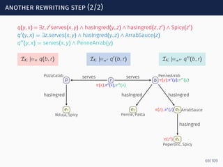 another rewriting step (2/2)
q(y, x) = ∃z, z′
serves(x, y) ∧ hasIngred(y, z) ∧ hasIngred(z, z′
) ∧ Spicy(z′
)
q′
(y, x) = ∃z.serves(x, y) ∧ hasIngred(y, z) ∧ ArrabSauce(z)
q′′
(y, x) = serves(x, y) ∧ PenneArrab(y)
IK |=π q(b, r) IK |=π′ q′
(b, r) IK |=π′′ q′′
(b, r)
r
π(x),π′(x),π′′(x)
p
PizzaCalab
b
PenneArrab
π(y),π′(y),π′′(y)
e1
Nduja, Spicy
e2
Penne, Pasta
e3 ArrabSauceπ(z) ,π′(z)
e4
Peperonc, Spicy
π(z′)
serves serves
hasIngred hasIngred hasIngred
hasIngred
69/109
 