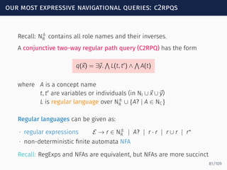 our most expressive navigational queries: c2rpqs
Recall: N±
R contains all role names and their inverses.
A conjunctive two-way regular path query (C2RPQ) has the form
q(⃗x) = ∃⃗y.
∧
L(t, t′
) ∧
∧
A(t)
where A is a concept name
t, t′
are variables or individuals (in NI ∪⃗x ∪⃗y)
L is regular language over N±
R ∪ {A? | A ∈ NC}
Regular languages can be given as:
∙ regular expressions E → r ∈ N±
R | A? | r · r | r ∪ r | r∗
∙ non-deterministic ﬁnite automata NFA
Recall: RegExps and NFAs are equivalent, but NFAs are more succinct
81/109
 